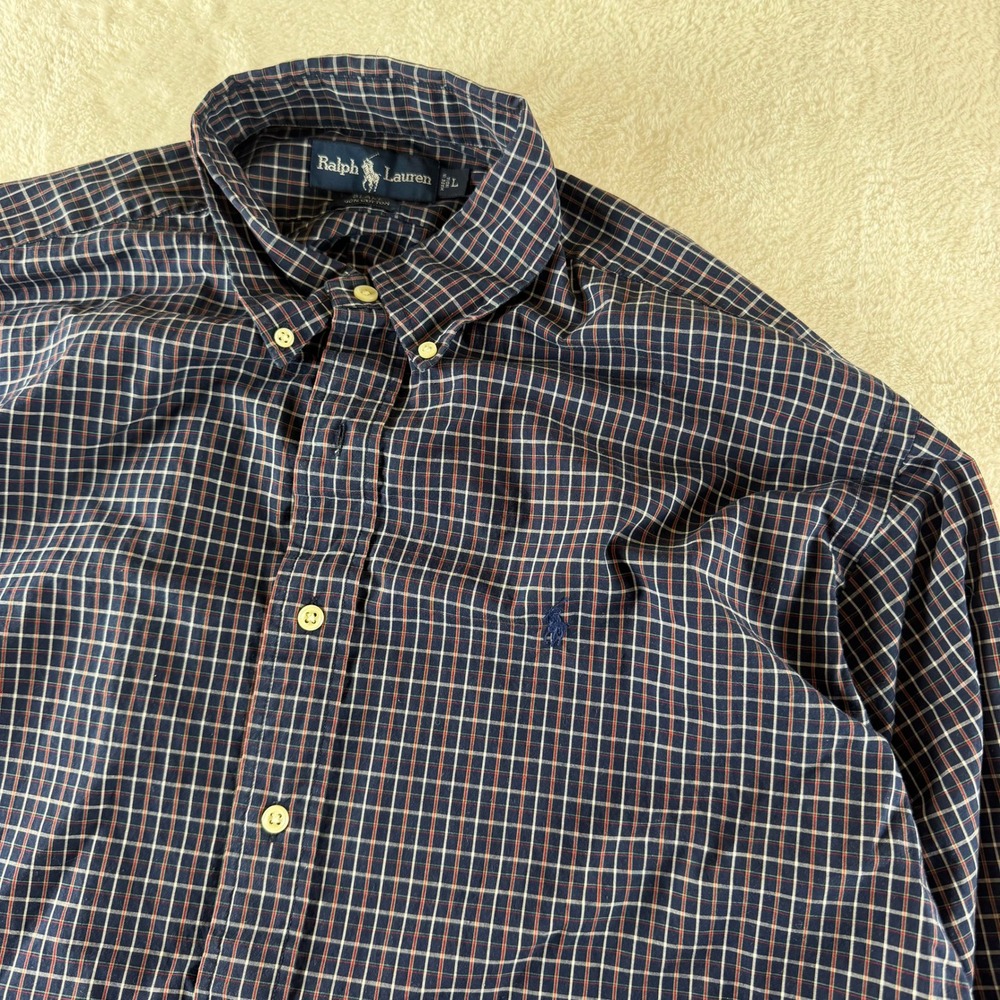 Ralph Lauren Vintage Button Down Shirt Blake Mens Large Navy Plaid Long Sleeve